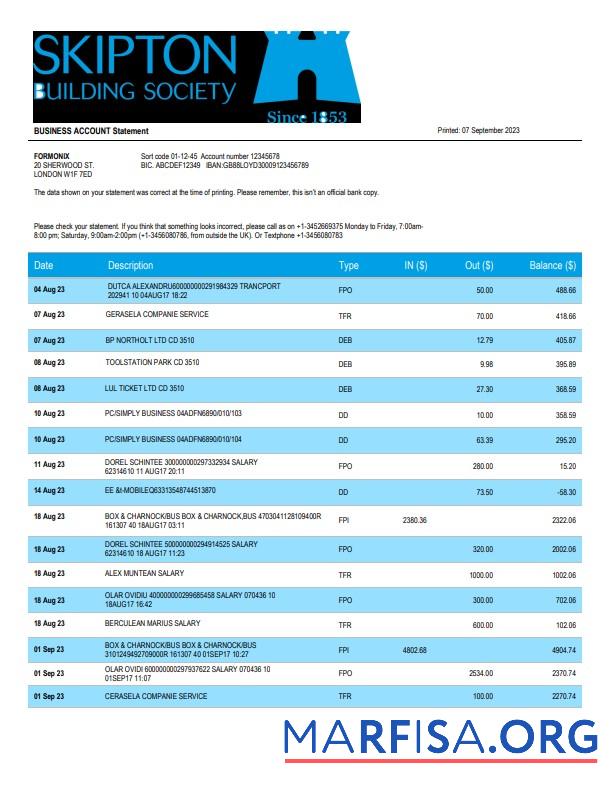 Downloadable Skipton Building Society Bank firm account statement Word and PDF template